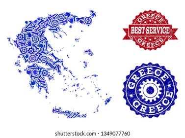 Best service collage of blue mosaic map of Greece and scratched seal stamps. Mosaic map of Greece constructed with cogs, wrenches, hands. Vector seals with scratched rubber texture.