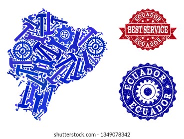 Best service collage of blue mosaic map of Ecuador and grunge seals. Mosaic map of Ecuador constructed with gears, wrenches, hands. Vector seals with grunge rubber texture.