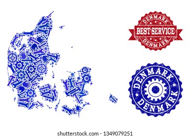 Best service collage of blue mosaic map of Denmark and rubber seals. Mosaic map of Denmark designed with cogs, wrenches, hands. Vector watermarks with scratched rubber texture.