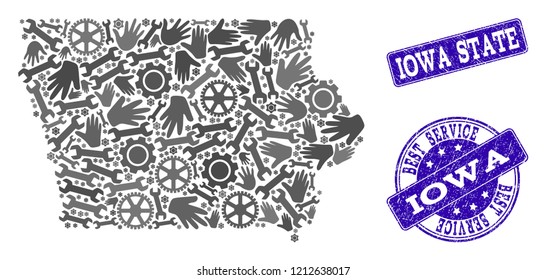 Best service collage of mosaic map of Iowa State and blue corroded seals. Mosaic map of Iowa State designed with gray gears and wrenches. Vector blue seals with grunge rubber texture.