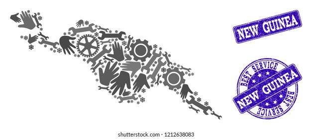 Best service collage of mosaic map of New Guinea Island and blue grunge seals. Mosaic map of New Guinea Island constructed with gray gears and wrenches. Vector blue seals with retro rubber texture.