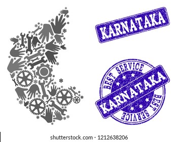 Best service collage of mosaic map of Karnataka State and blue rubber seals. Mosaic map of Karnataka State designed with gray gears and wrenches. Vector blue imprints with scratched rubber texture.