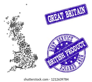 Best service collage of mosaic map of Great Britain and blue grunge seals. Mosaic map of Great Britain constructed with gray gears and wrenches. Vector blue seals with unclean rubber texture.