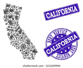 Best service collage of mosaic map of California and blue rubber seals. Mosaic map of California constructed with gray gears and wrenches. Vector blue imprints with distress rubber texture.
