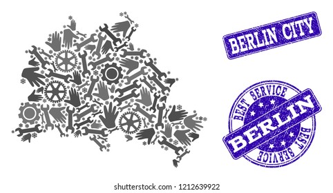 Best service collage of mosaic map of Berlin City and blue rubber seals. Mosaic map of Berlin City designed with gray gears and wrenches. Vector blue imprints with corroded rubber texture.