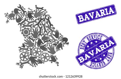 Best service collage of mosaic map of Bavaria State and blue scratched seals. Mosaic map of Bavaria State designed with gray gears and wrenches. Vector blue watermarks with scratched rubber texture.