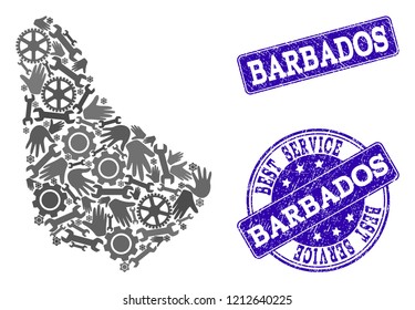 Best service collage of mosaic map of Barbados and blue rubber seal stamps. Mosaic map of Barbados constructed with gray gears and wrenches. Vector blue seals with corroded rubber texture.