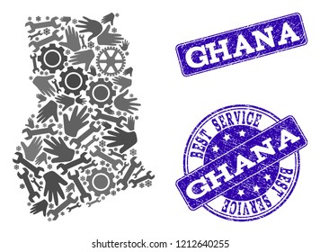 Best service collage of mosaic map of Ghana and blue grunge seals. Mosaic map of Ghana constructed with gray gears and wrenches. Vector blue seals with scratched rubber texture.