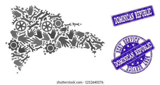 Best service collage of mosaic map of Dominican Republic and blue rubber seals. Mosaic map of Dominican Republic constructed with gray gears and wrenches.