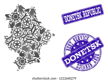 Best service collage of mosaic map of Donetsk Republic and blue unclean seal stamps. Mosaic map of Donetsk Republic designed with gray gears and wrenches.