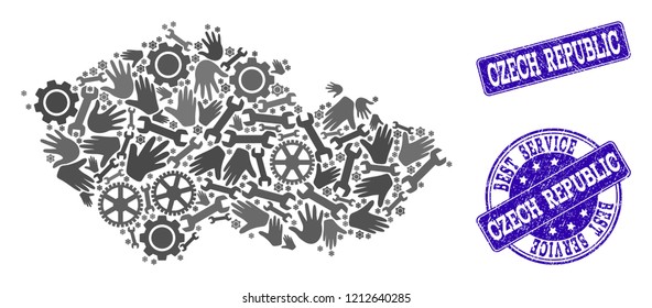Best service collage of mosaic map of Czech Republic and blue grunge seal stamps. Mosaic map of Czech Republic designed with gray gears and wrenches. Vector blue seals with retro rubber texture.