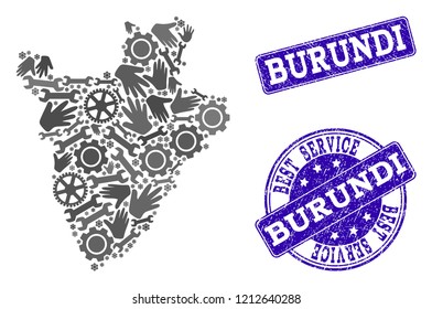 Best service collage of mosaic map of Burundi and blue textured seals. Mosaic map of Burundi designed with gray gears and wrenches. Vector blue seals with unclean rubber texture.