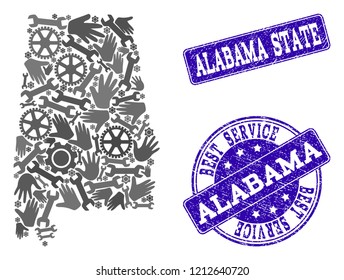 Best service collage of mosaic map of Alabama State and blue unclean stamps. Mosaic map of Alabama State constructed with gray gears and wrenches. Vector blue seals with unclean rubber texture.