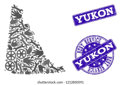 Best service collage of mosaic map of Yukon Province and blue rubber stamps. Mosaic map of Yukon Province constructed with gray gears and wrenches. Vector blue watermarks with retro rubber texture.