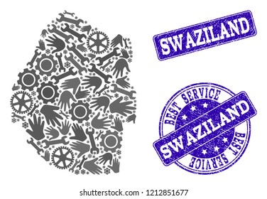 Best service collage of mosaic map of Swaziland and blue rubber seals. Mosaic map of Swaziland constructed with gray gears and wrenches. Vector blue seals with retro rubber texture.