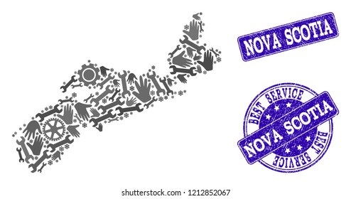Best service collage of mosaic map of Nova Scotia Province and blue grunge seals. Mosaic map of Nova Scotia Province designed with gray gears and wrenches.