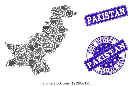 Best service collage of mosaic map of Pakistan and blue rubber seal stamps. Mosaic map of Pakistan designed with gray gears and wrenches. Vector blue imprints with grunge rubber texture.