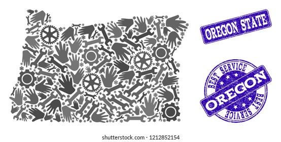 Best service collage of mosaic map of Oregon State and blue textured seals. Mosaic map of Oregon State constructed with gray gears and wrenches. Vector blue seals with retro rubber texture.