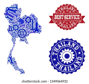 Best service combination of blue mosaic map of Thailand and rubber seals. Mosaic map of Thailand constructed with gears, wrenches, hands. Vector seals with corroded rubber texture.