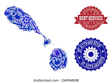 Best service combination of blue mosaic map of Saint Kitts and Nevis and scratched seals. Mosaic map of Saint Kitts and Nevis designed with gears, wrenches, hands.
