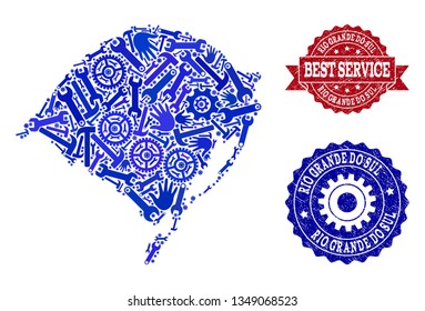 Best service combination of blue mosaic map of Rio Grande do Sul State and grunge stamps. Mosaic map of Rio Grande do Sul State constructed with gears, wrenches, hands.