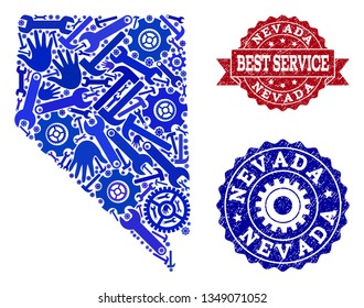 Best service combination of blue mosaic map of Nevada State and grunge seals. Mosaic map of Nevada State constructed with gears, spanners, hands. Vector watermarks with grunge rubber texture.