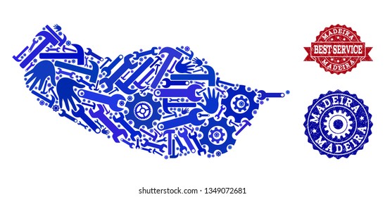 Best service combination of blue mosaic map of Madeira Island and rubber stamps. Mosaic map of Madeira Island constructed with cogs, spanners, hands. Vector imprints with unclean rubber texture.