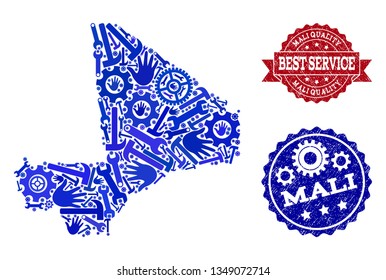 Best service combination of blue mosaic map of Mali and dirty seals. Mosaic map of Mali constructed with gearwheels,cogwheels, wrenches, hands. Vector seals with retro rubber texture.