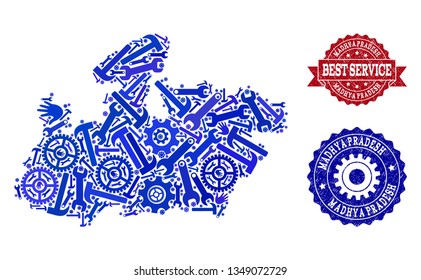 Best service combination of blue mosaic map of Madhya Pradesh State and grunge seals. Mosaic map of Madhya Pradesh State designed with gears, spanners, hands.
