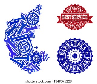 Best service combination of blue mosaic map of Karnataka State and grunge seal stamps. Mosaic map of Karnataka State constructed with cogs, spanners, hands. Vector seals with retro rubber texture.