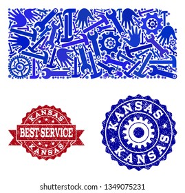 Best service combination of blue mosaic map of Kansas State and rubber stamps. Mosaic map of Kansas State designed with gearwheels,cogwheels, spanners, hands. Vector seals with unclean rubber texture.