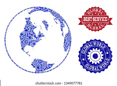 Best service combination of blue mosaic map of global world and unclean seal stamps. Mosaic map of global world designed with gears, spanners, hands. Vector imprints with unclean rubber texture.
