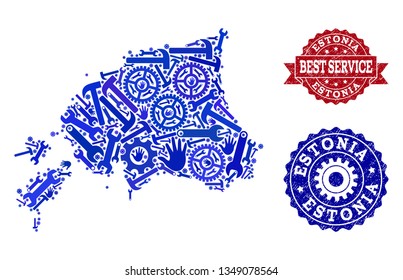 Best service combination of blue mosaic map of Estonia and scratched seals. Mosaic map of Estonia designed with gearwheels,cogwheels, wrenches, hands. Vector seals with retro rubber texture.
