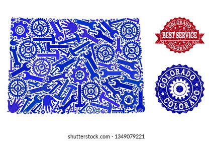 Best service combination of blue mosaic map of Colorado State and dirty seals. Mosaic map of Colorado State constructed with gearwheels,cogwheels, wrenches, hands.