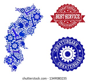 Best service combination of blue mosaic map of Chhattisgarh State and grunge stamps. Mosaic map of Chhattisgarh State constructed with gears, spanners, hands.