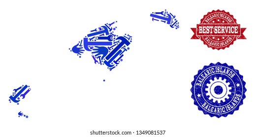 Best service combination of blue mosaic map of Balearic Islands and unclean stamps. Mosaic map of Balearic Islands designed with cogs, wrenches, hands. Vector watermarks with unclean rubber texture.