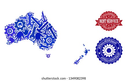 Best service combination of blue mosaic map of Australia and New Zealand and unclean seal stamps. Mosaic map of Australia and New Zealand constructed with gearwheels,cogwheels, spanners, hands.