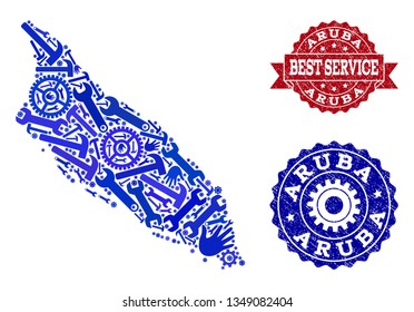 Best service combination of blue mosaic map of Aruba Island and unclean seals. Mosaic map of Aruba Island constructed with gears, spanners, hands. Vector seals with grunge rubber texture.