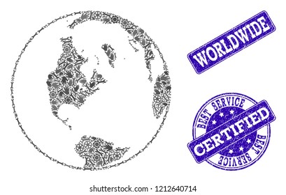 Best service combination of mosaic global map of world and blue rubber stamps. Mosaic global map of world constructed with gray gears and wrenches. Vector blue seals with unclean rubber texture.