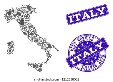 Best service combination of mosaic map of Italy and blue corroded stamps. Mosaic map of Italy designed with gray gears and wrenches. Vector blue imprints with corroded rubber texture.