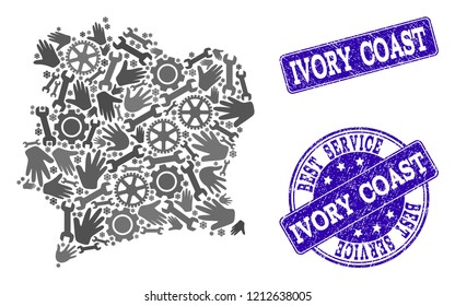 Best service combination of mosaic map of Ivory Coast and blue scratched stamps. Mosaic map of Ivory Coast constructed with gray gears and wrenches. Vector blue seals with scratched rubber texture.