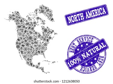 Best service combination of mosaic map of North America and blue dirty seals. Mosaic map of North America constructed with gray gears and wrenches. Vector blue seals with corroded rubber texture.