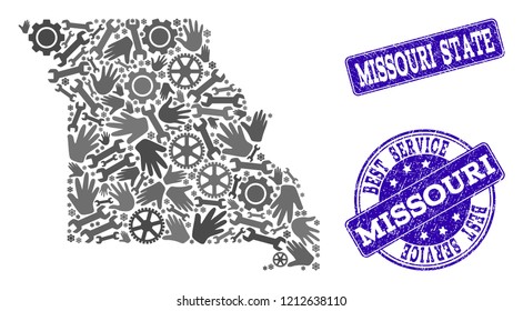 Best service combination of mosaic map of Missouri State and blue rubber seals. Mosaic map of Missouri State constructed with gray gears and wrenches. Vector blue imprints with retro rubber texture.