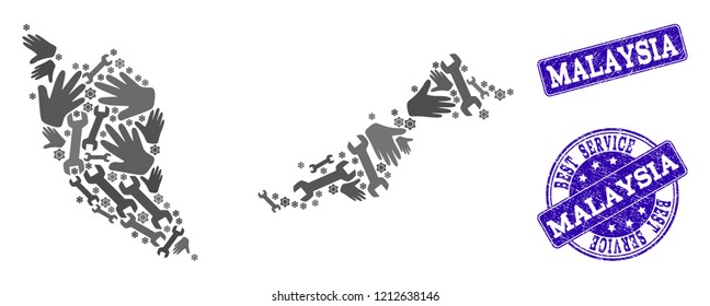 Best service combination of mosaic map of Malaysia and blue rubber stamps. Mosaic map of Malaysia constructed with gray gears and wrenches. Vector blue watermarks with unclean rubber texture.
