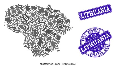 Best service combination of mosaic map of Lithuania and blue rubber seal stamps. Mosaic map of Lithuania designed with gray gears and wrenches. Vector blue seals with corroded rubber texture.