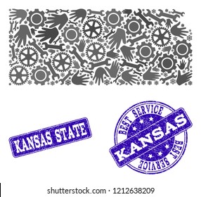 Best service combination of mosaic map of Kansas State and blue rubber stamps. Mosaic map of Kansas State designed with gray gears and wrenches. Vector blue imprints with corroded rubber texture.