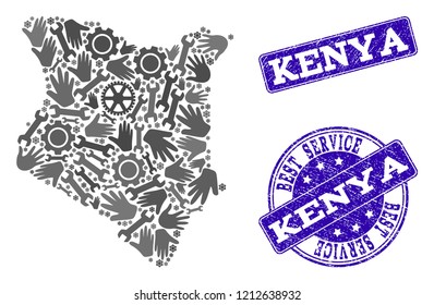 Best service combination of mosaic map of Kenya and blue unclean seals. Mosaic map of Kenya constructed with gray gears and wrenches. Vector blue seals with grunge rubber texture.