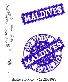 Best service combination of mosaic map of Maldives and blue corroded seals. Mosaic map of Maldives designed with gray gears and wrenches. Vector blue imprints with corroded rubber texture.