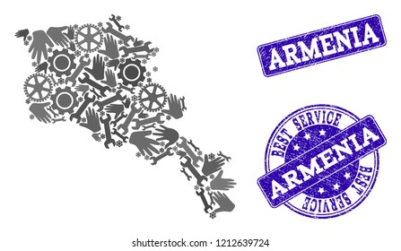 Best service combination of mosaic map of Armenia and blue rubber seals. Mosaic map of Armenia constructed with gray gears and wrenches. Vector blue seals with scratched rubber texture.