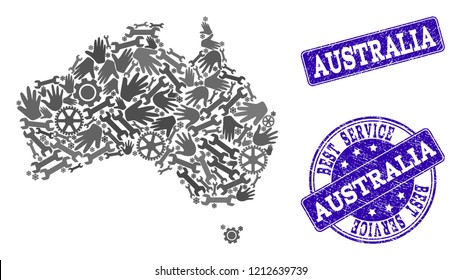 Best service combination of mosaic map of Australia and blue textured seals. Mosaic map of Australia constructed with gray gears and wrenches. Vector blue seals with unclean rubber texture.